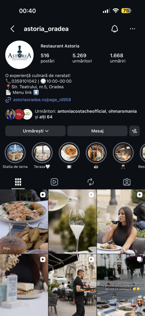 Cont Instagram Restaurant Astoria gestionat de Globestar Media - social media management Oradea
