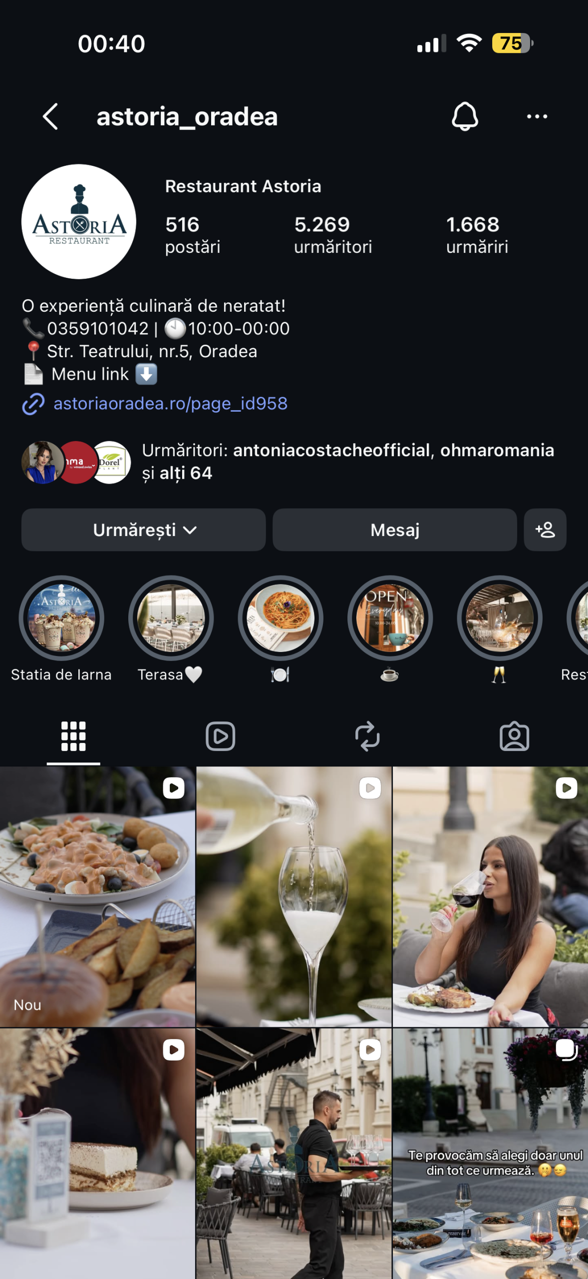 Cont Instagram Restaurant Astoria gestionat de Globestar Media - social media management Oradea