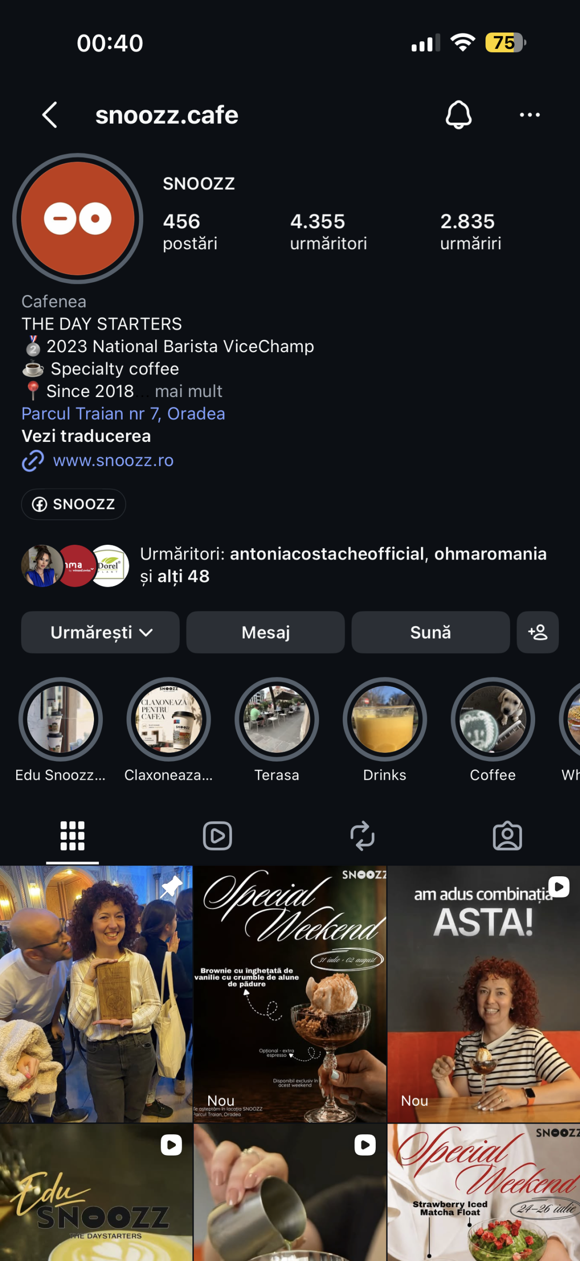 Cont Instagram Cafenea Snoozz gestionat de Globestar Media - social media management Oradea