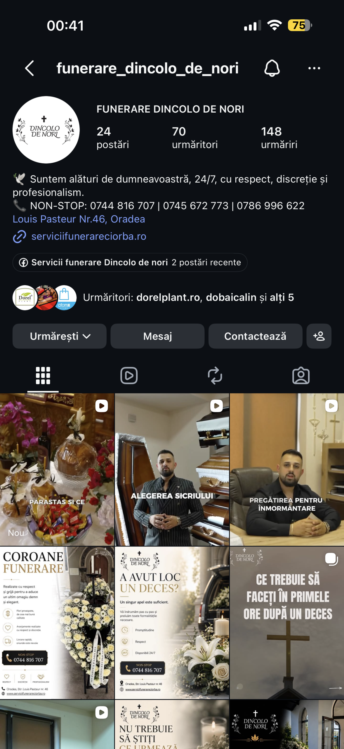 Cont Instagram servicii funerare dincolo de nori gestionat de Globestar Media - social media management Oradea