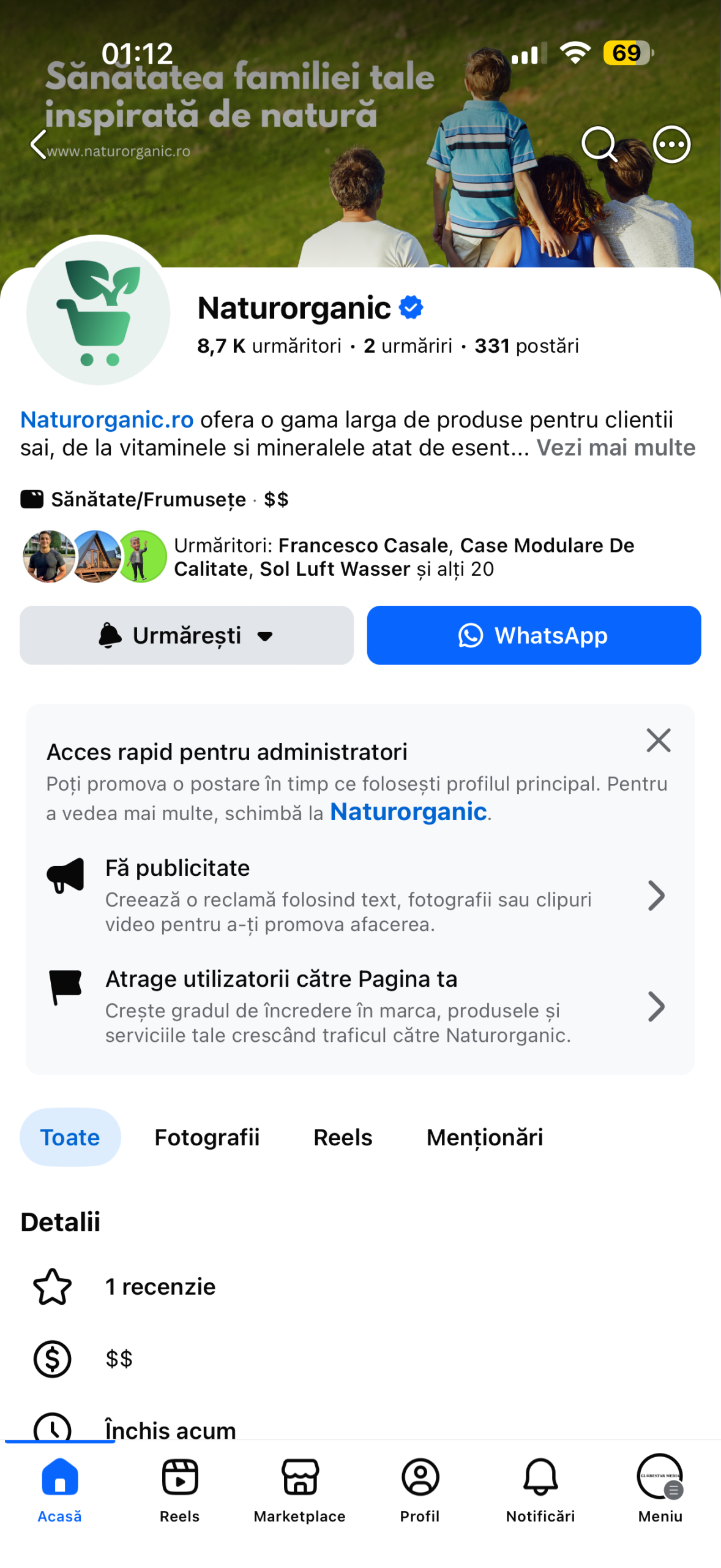 Pagina Facebook magazin online Natur Organic gestionat de Globestar Media - social media management Oradea